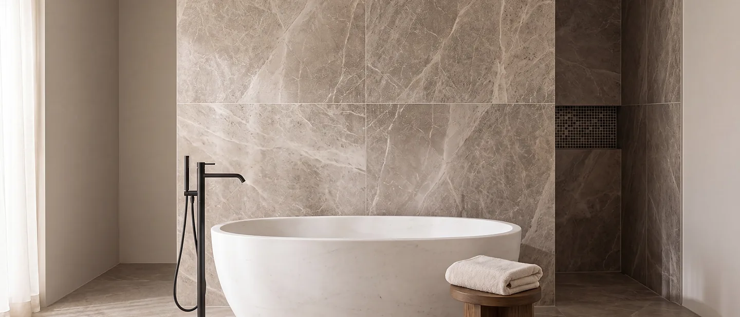 Freistehende Badewanne vor einer Wand aus Natursteinfliesen